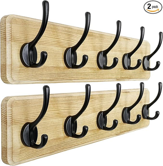 Coat Rack Wall: Patented, Heavy-Duty, 5-Double-Hooks Wooden Wall Mounted Coat Rack Coat Hanger Hook Rail for Winter Coats Hat Jacket Clothing, Light Brown, Pack of 2