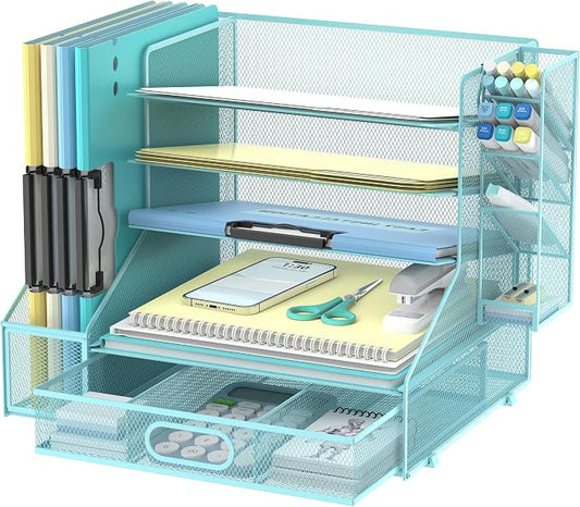 5-Tier Desk Organizer with File Holder & Pen Holder & Sliding Drawer, Blue | Mesh Metal Paper Letter Tray for Papers, Mail, Office Supplies, and Desk Accessories