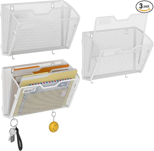 Docnest 3 Pack 2 Tier Mesh Wall File Holders with Hooks for Mail, White | Space-saving vertical design with utility hooks. Ideal paper document organizer for office, home, and school