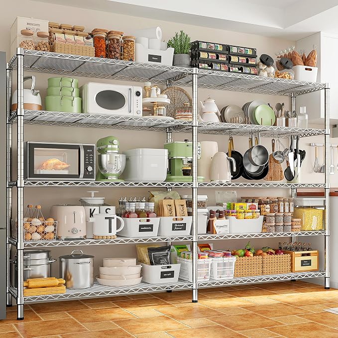 REIBII Chrome Metal Shelving, 70" W & 1500LBS Heavy Duty for Kitchen | L/H Shaped Shelves, Adjustable Metal Shelves, 5 Tier Freestanding, Anti-Tipping Device, Moisture Resistant, Leveling feet
