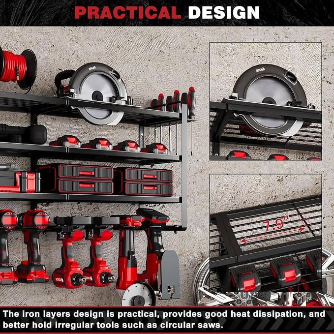 NattyDot Power Tool Organizer Wall Mount, 48-Inch 12 Drill Holders, Black | Extra-wide 48-inch Heavy-duty Wall Rack Stores 12 Cordless Drills and Assorted Tools, Maximizing Garage and Workshop Storage