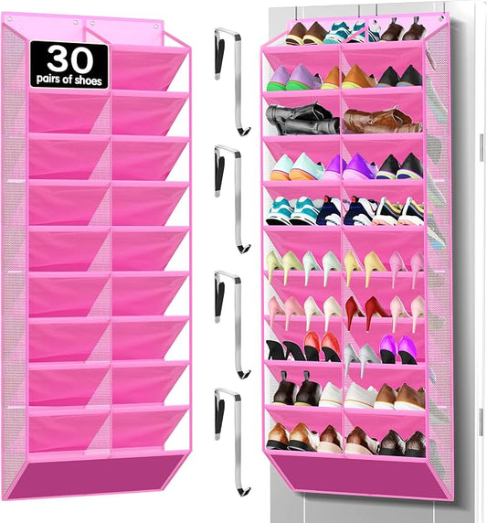 Kotkn 20-Pocket Hanging Shoe Organizer for Door, 10-Tier Heavy Duty Holds 20-30 Pairs, 10.5" Deep Fits Size 15 Boots, Bamboo Support & Non-Scratch Hooks (20 Tier-Pink)