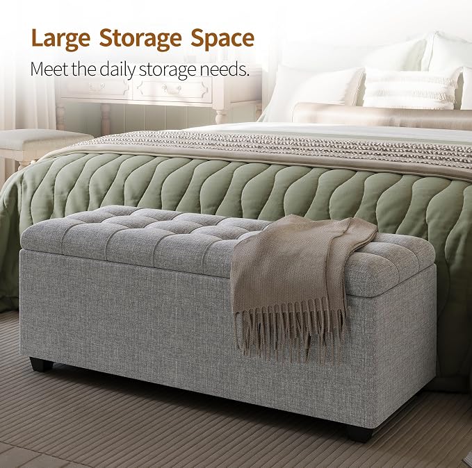 38" Grey Fabric Storage Ottoman Bench with Hinged Lid | Solid wood frame bench, 4-leg easy assembly. Use as end-of-bed, footrest, entryway seat. Hinged hidden storage, multi-use.