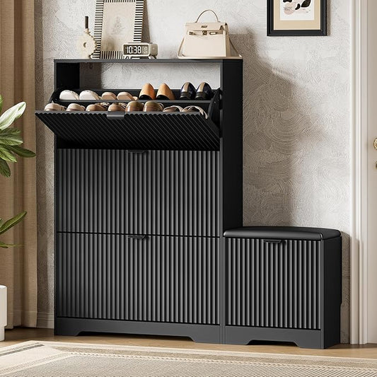 Xixini Shoe Storage Cabinet for Entryway with 3 Flip Drawers & Bench, Slim Wood Shoe Organizer with Modern Fluted Panel, Freestanding Narrow Shoe Rack for Front Door Entrance, Hallway, Foyer, Black