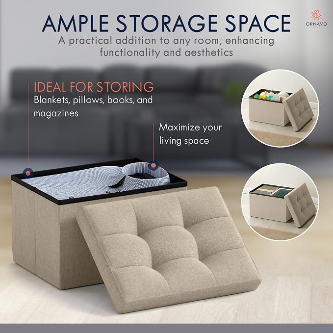 Ornavo Home Small Rectangle Storage Ottoman, Linen, 12x16x12, Taupe | Collapsible Cube Design; Foot Rest Stool Seat; Ideal for Living Room, Bedroom, Home Office or Dorm
