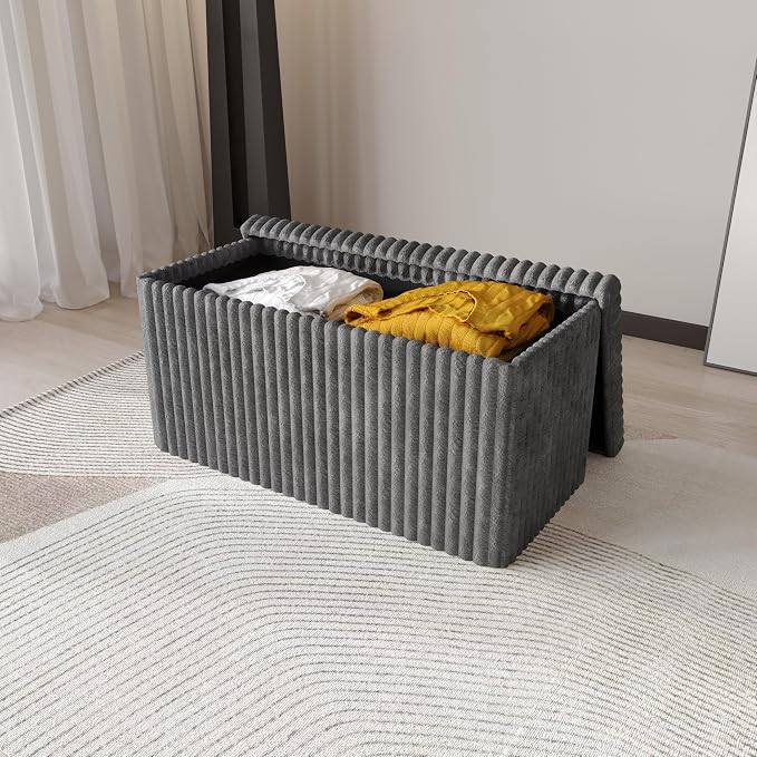 HOME DESIGN Florence 30" Upholstered Folding Storage Bench, Tufted Top, Space-Saving Storage, Gray Corduroy Fabric