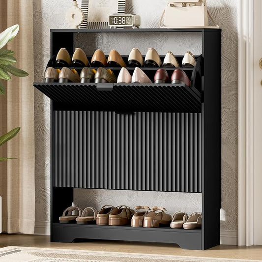 Xixini Shoe Storage Cabinet for Entryway with 2 Flip Drawers, Hidden Slim Wood Shoe Organizer with Modern Fluted Panel, Freestanding Narrow Shoe Rack for Front Door Entrance, Hallway, Foyer, Black