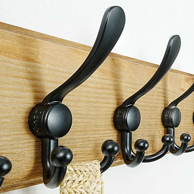Coat Rack Wall Mount - Heavy-Duty Robust Barnwood-Style Wooden Wall Coat Hanger Hook Rail with 5 Triple Hooks for Winter Coats Hat Jacket Clothing, Weathered Brown & Black