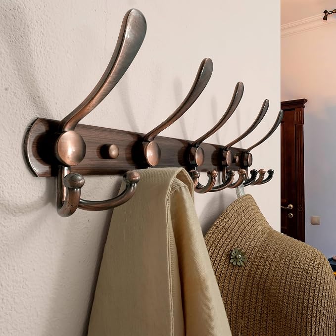 Dseap Wall Mounted Coat Rack - 5 Tri Hooks, Heavy Duty, Stainless Steel, Metal Coat Hook Rail for Coat Hat Towel Purse Robes Mudroom Bathroom Entryway,Antique Copper