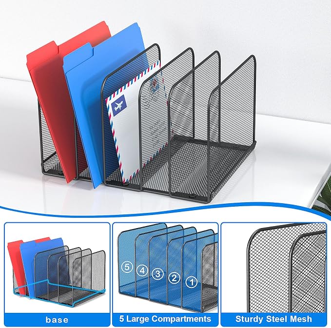 TOPCJ 5 Sections Desk File Holder/Rack/Sorter,Mesh File Organizer,File Folder Organizer,Metal Upright Desktop Organization for Documents,Magazine,Kitchenware,Antiskid,Antirust,Sturdy,2 Packs