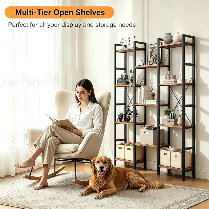HealSmart Triple Column 4 Tier Bookshelf, Industrial Bookcase with 11 Open Display Adjustable Shelves, Wide Convertible Display Modern Bookshelf for Living Room & Home Office, Brown
