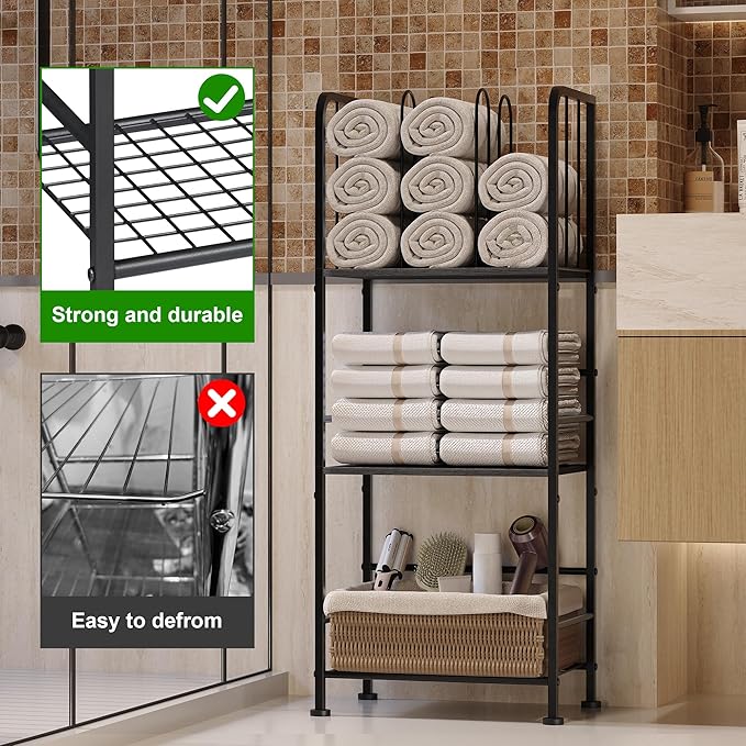 3-Tier Freestanding Towel Racks for Bathroom, Black Towel Rack Stand | Detachable M-shaped Dividers for Bath Towel Storage Premium Iron & Wood Holder Crafted for Bathroom Organization