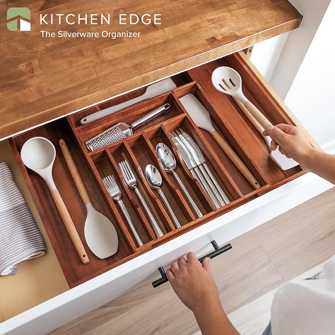 KitchenEdge Silverware & Utensil Drawer Organizer, 14.5-25 in, Acacia | Cutlery, flatware, food-safe contract grade, kitchen drawer fit