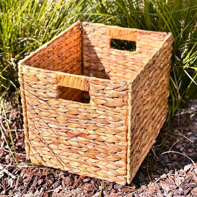 4 Hand-Woven Wicker Storage Baskets 13x11x11in, Water Hyacinth Shelf Bins | ECO-FRIENDLY & SUSTAINABLE