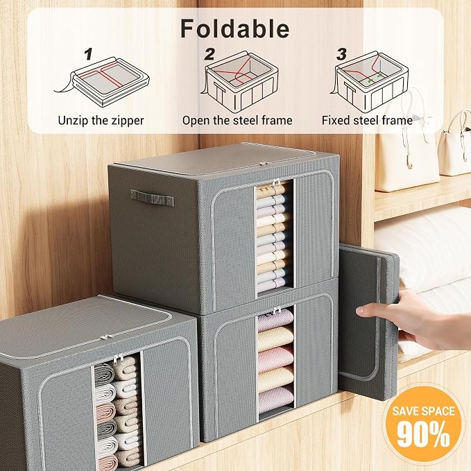 Clothes Storage Bins with Metal Frame, Foldable Clothes Organizers Storage Containers for Clothes, Sheets, Blankets, Pillows and Towels (100L, 3 Pack, Deep Grey)