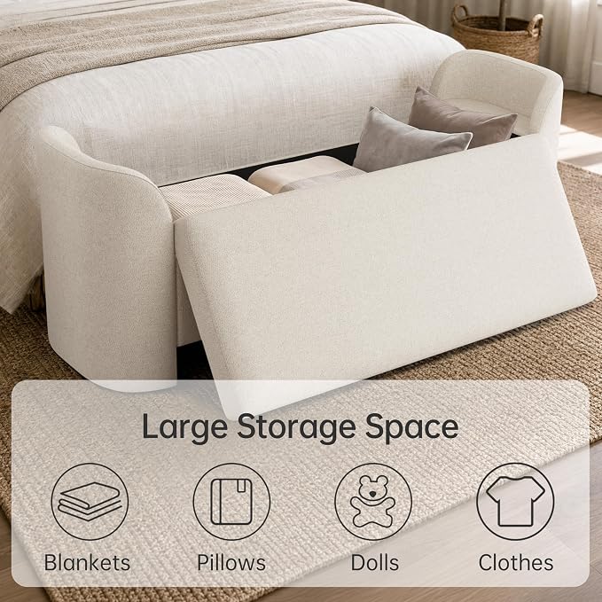 Usaint 58.3" Upholstered Storage Ottoman Bench with 2 Throw Pillows, Beige | End of Bed Bench with Curved Arms and Thickened Seat Cushion for Bedroom, Livingroom, Window, Entryway and Dressing Areas