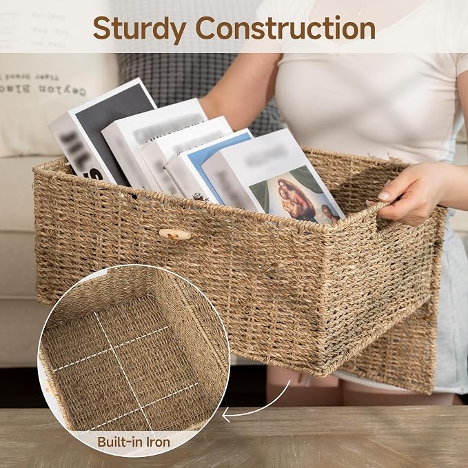 StorageWorks Extra Large Wicker Baskets with Lid for Organizing, Seagrass Storage Baskets for Shelves, Decorative Box with Built-in Handles, Natural, 1 Pack