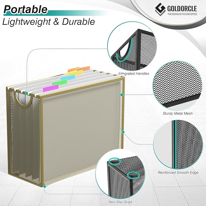 Letter-Size Hanging File Organizer with 5 Grey Holders(Gold) | File Holder Filing Box for Desk, Metal Mesh Desk File Folder Storage for Office(No Assembly Required)