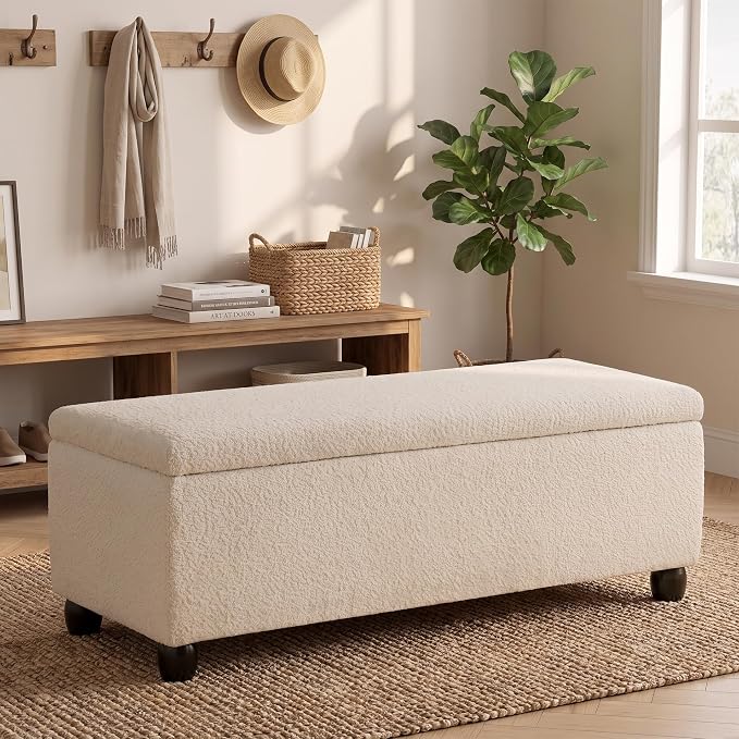 Boucle Storage Ottoman Bench, with Hidden Storage and Solid Wood Legs | Modern End of Bed Bench, Rectangle Footrest, Hidden Storage, Solid Wood Legs, Bedroom, Living Room and Entryway Use, Beige
