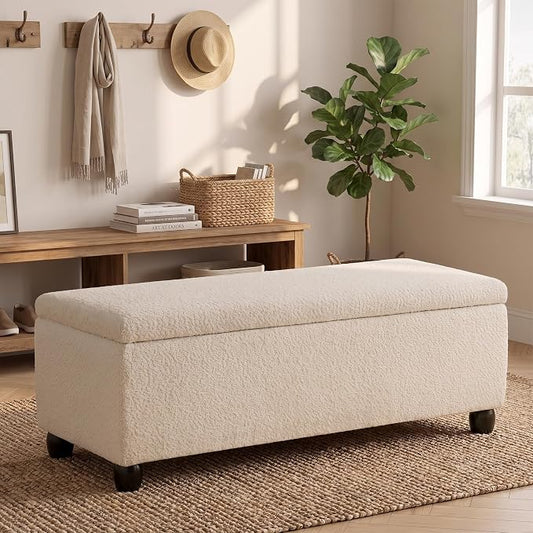 Boucle Storage Ottoman Bench, with Hidden Storage and Solid Wood Legs | Modern End of Bed Bench, Rectangle Footrest, Hidden Storage, Solid Wood Legs, Bedroom, Living Room and Entryway Use, Beige