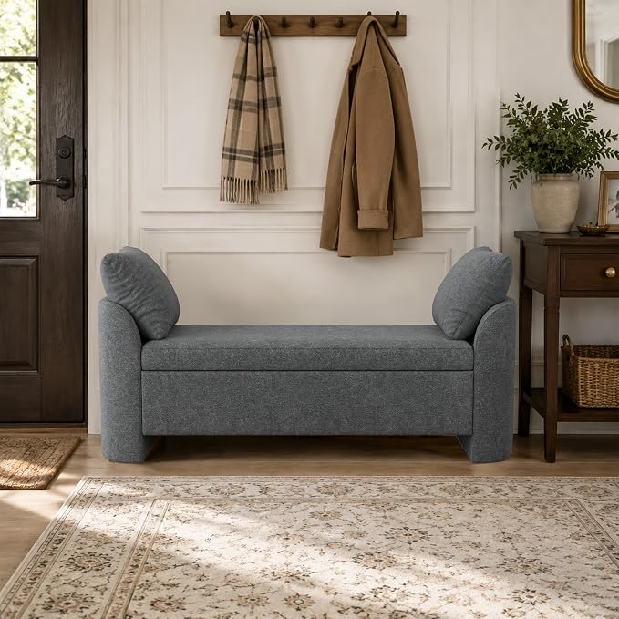 Usaint 58.3" Upholstered Storage Ottoman Bench with 2 Pillows, Charcoal | End of Bed Bench with Curved Arms and Thickened Seat Cushion for Bedroom, Livingroom, Window, Entryway and Dressing Areas
