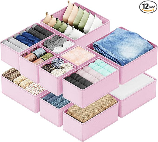 SpaceAid Drawer Organizer Clothes, 12 Pack Dresser Organizer Bins for Nursery, Closet Organization and Storage Dividers for Clothing, Baby Clothes, Underwears, Socks (Pink)