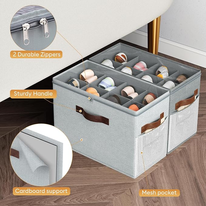 2 Pack Shoe Organizer for Closet, Foldable Shoe Storage with Adjustable | Farbic shoe storage organizer box bin with clear cover, fits up to 16 pairs, shoe storage box for closet, entryway, gray