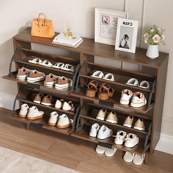 BORNOON Shoe Cabinet for Entryway with 4 Flip Drawers, Slim Wooden Shoe Storage Organizer with Modern Fluted Pannel，Freestanding Narrow Hidden Shoe Rack for Hallway, Foyer, Living Room