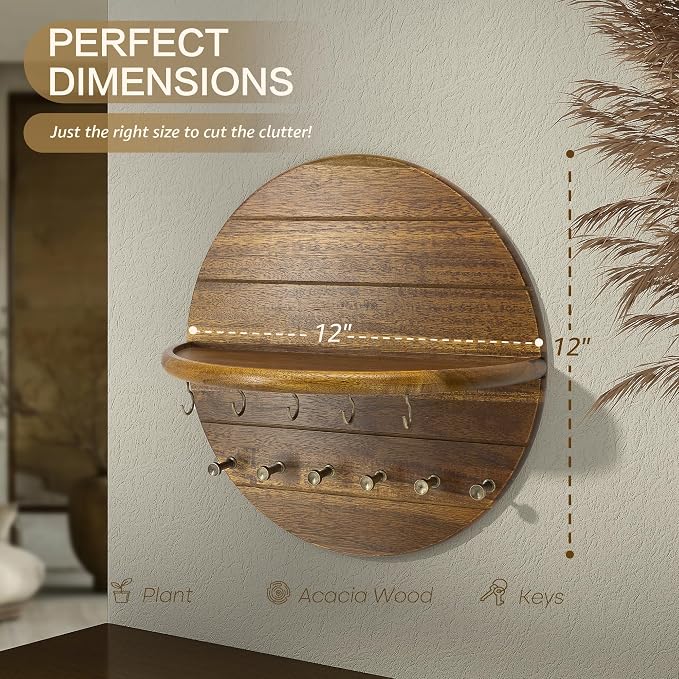 Rebee Vision Acacia Wood Round Key Holder Wall Mount for Home Decor, Brown | Round Corner, Key Holder for Wall with Floating Shelf, Rich Wood Grain, 2 Types of Hooks, Meets Daily Family Needs