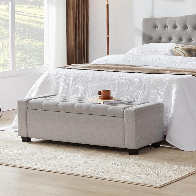 Huatean Home 48" Ottoman with Storage, Light Gray Storage Ottoman Bench | Upholstered Entryway Bench with Seating for Bedroom, Living Room, with Safety Hinge, Holds up to 330 lb