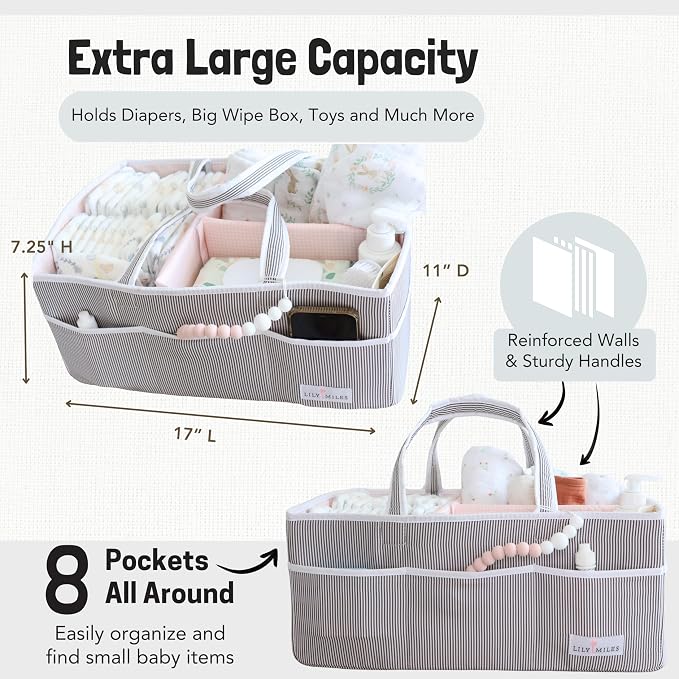 Baby Diaper Caddy - Organizer Tote Bag for Baby Girl Essentials - Baby Shower Basket - Nursery Must Haves - Registry Favorites - Newborn Caddie Car Travel - Gray/Blush, Extra Large