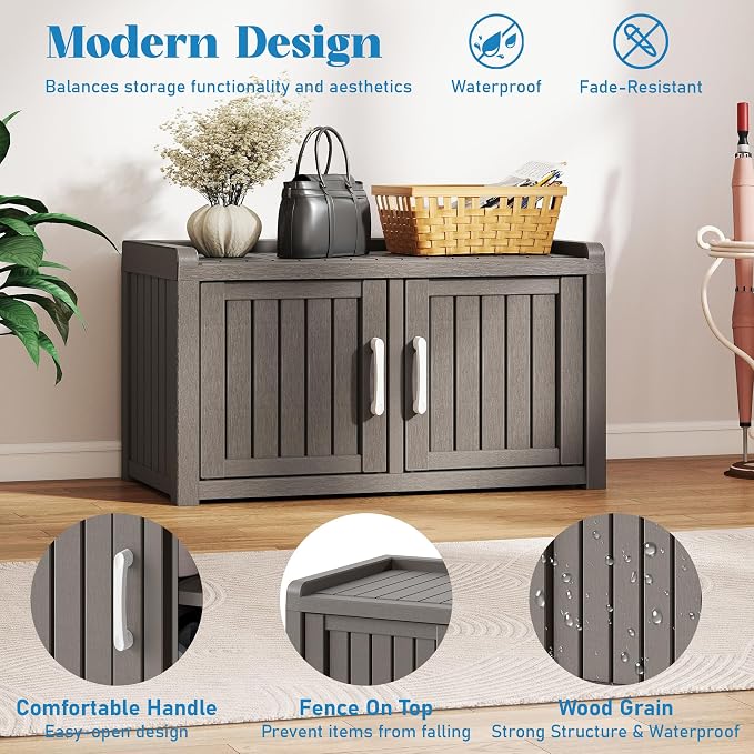 Shoe Storage Cabinet Waterproof UV-Resistant, Entryway Storage Bench Indoor Outdoor with 2 Barn Doors, Adjustable Shelves for Entryway, Bedroom, Hallway,Living Room(Grey)