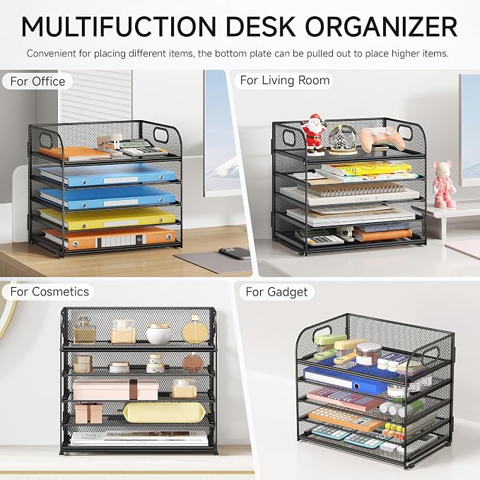 2 Pack 5-Tier Paper Organizer Letter Tray with Handle - Black Mesh Desk Paper Sorter File Organizer for Office, Home or School File Folder Holder