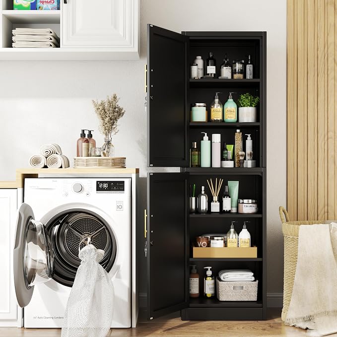 Tall Metal Narrow Bathroom Storage Locker Cabinet 67" H, Tall Black Pantry Cabinets with 4 Adjustable Shelves and 2 Lockable Doors for Kitchen, Home Office, Living Room, Dining Room
