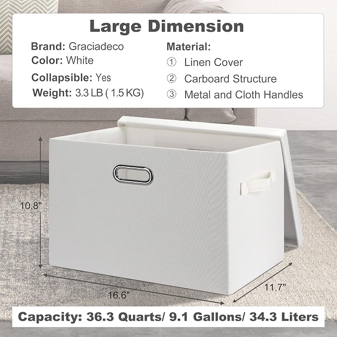 Graciadeco Large 17" 36 Quart Collapsible Stackable Storage Bins with Lids, 1 Pack White Foldable Fabric Closet Storage Boxes with Lids, 4 Handles Heavy-duty Linen Cube Baskets for Bedroom | 36 Quart 1 Pack White Collapsible Stackable Linen Fabric 4 Ha...