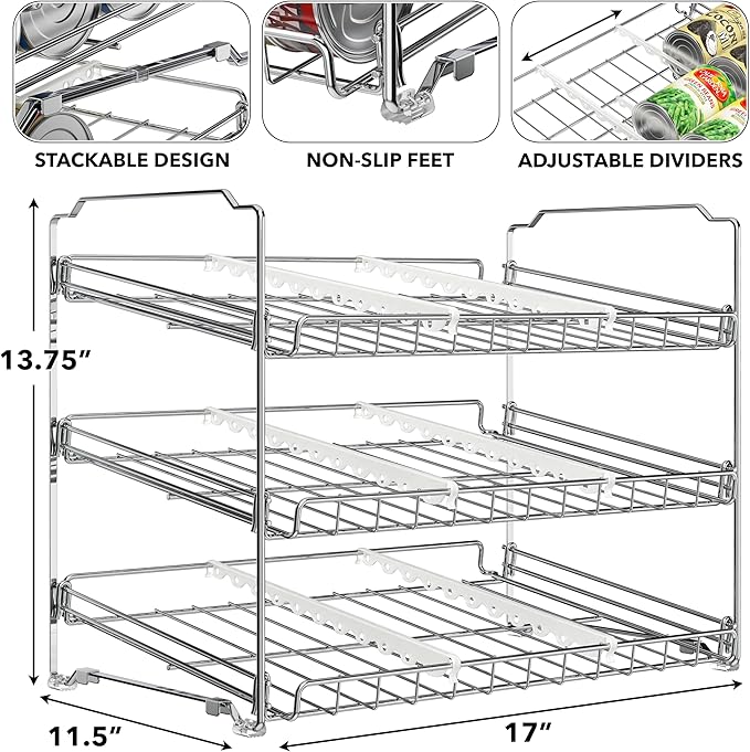 Simple Houseware 3-Tier Stackable Can Organizer Rack Hold 36 Cans, Chrome | Can Food Storage Dispenser for Pantry/Cabinet, Adjustable Dividers – 11.5" D x 17" W x 13.75" H