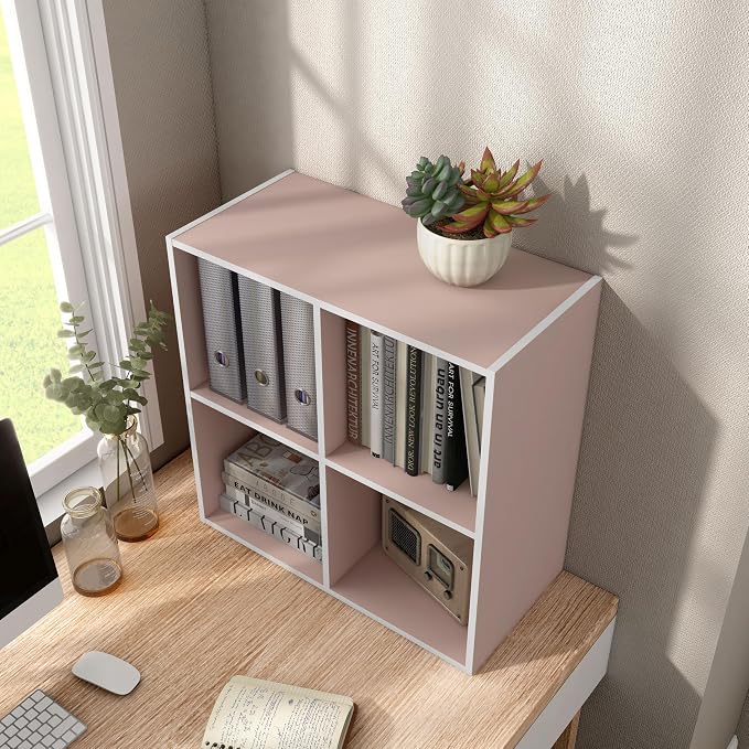 Homes: Inside + Out Apexa 4-Cube Storage Organizer Shelves, Stackable Wood Bookcase Fits Cubby Bins for Organization, Dorm Teen Room Decor & Home Office, Light Pink
