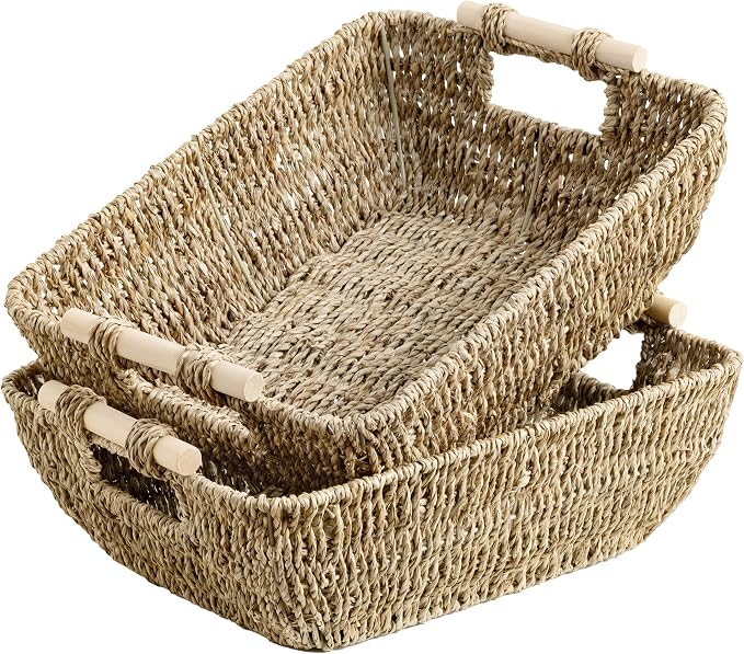StorageWorks Hand-Woven Large Storage Baskets with Wooden Handles, Seagrass Wicker Baskets for Organizing, 2-Pack