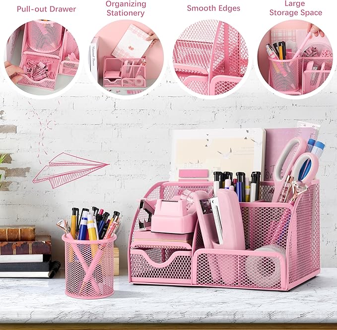 Fayoo 11 Pcs Pink Office Supplies Set Mesh Desk Organizer Accessories Kit | Include Stapler, Tape Dispenser, Staple Remover, Clips, Ruler, Scissors, Sticky Notes, for Office, School, Home, Women