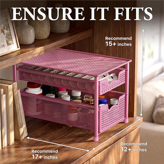 Simple Houseware Stackable 2 Tier Sliding Basket Organizer Drawer, Pink