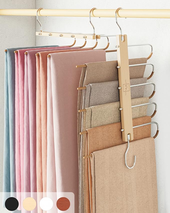 MORALVE Pants Hangers Space Saving - European Beechwood Scarf and Jean Hangers - Closet Organizer and Space Saver Pant Rack, Leggings Hanger, and Scarf Holder with 360° Swivel Hook (1 Pack)