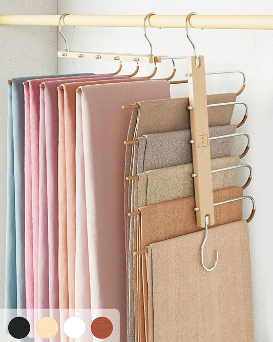 MORALVE Pants Hangers Space Saving - 4 Pack European Beechwood Scarf and Jean Hangers - Closet Organizer and Space Saver Pant Rack, Leggings Hanger, and Scarf Holder with 360° Swivel Hook