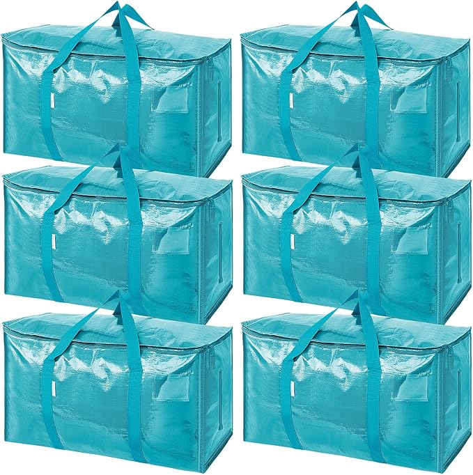 TICONN 6 Pack Extra Large Moving Bags Heavy Duty with Zippers & Carrying Handles, Durable Storage Bags Moving Boxes for Closet Organizers and Storage (6 Pack, Aqua)