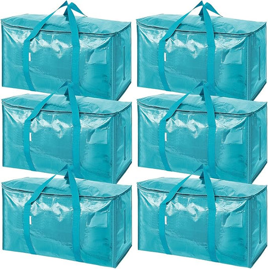 TICONN 6 Pack Extra Large Moving Bags Heavy Duty with Zippers & Carrying Handles, Durable Storage Bags Moving Boxes for Closet Organizers and Storage (6 Pack, Aqua)