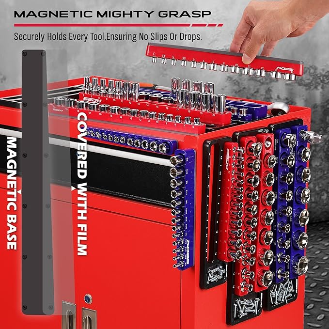 Magnetic Socket Holder Organizer Set: 6-Piece Detachable 1/2 3/8 1/4 Drive Sockets Storage Tray Magnetic Socket Organizer Tool Box Drawer Tool Box Organizers Storage Metric SAE (Sockets Not Included)