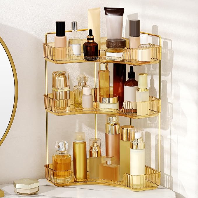 YCIA&DONE Corner Bathroom Counter Organizer, Makeup Organizer for Vanity, Skincare Cosmetic Perfume Tray, Corner Countertop Shelf Rack Storage for Bathroom Kitchen 3 Tiers (Amber Gold)