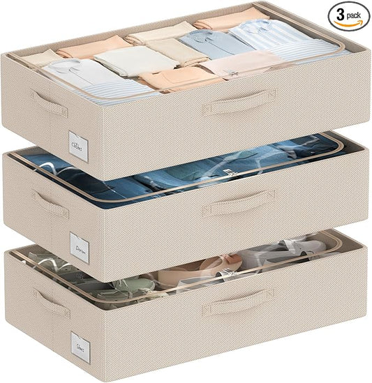 CYhom 3Pcs Under Bed Storage Bins with Metal Frame - Shoe Organizer for Closet with Clear Cover Oxford Fabric Sturdy Underbed Container Foldable Stackable Clothes Organizer (Beige, 23.5x15.7x6.3)