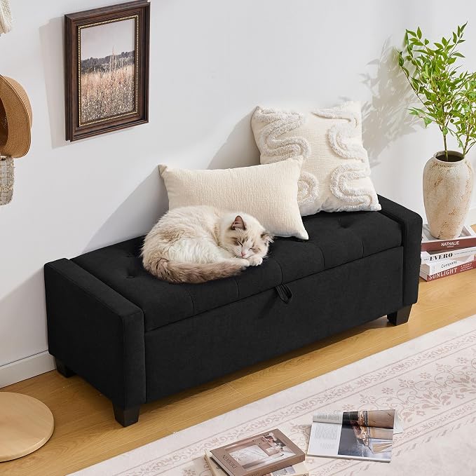 Huatean Home 43" Ottoman with Storage, Black Storage Ottoman Bench | Upholstered Entryway Bench with Seating for Bedroom, Living Room with Safety Hinge, Holds up to 330 lb