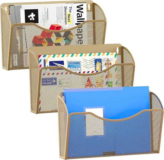 EasyPAG Wall File Organizer 3 Pack, Hanging File Organizer Wall Mount, Metal Mesh Folder Holder for Letter/A4 Papers, Mail Sorter for Office, Classroom, Home, Gold