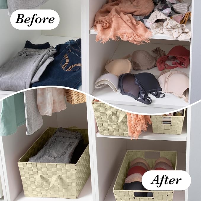Simplify Small Shelf Woven Strap Tote | Decorative Storage Basket | Built in Handles | Organization | Closet | Bedroom | Bathroom | Nursery | Accessories | Toys | Gifts | 4 Pack | Ivory